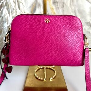 EUC Tory Burch Hibiscus Flower Peace Magenta Pebbled Leather Crossbody Bag